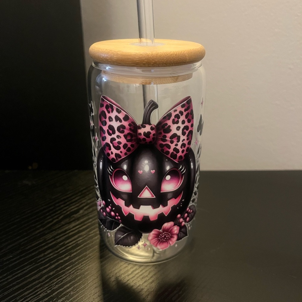 Custom Leopard Pumpkin Glass Tumbler With Staw